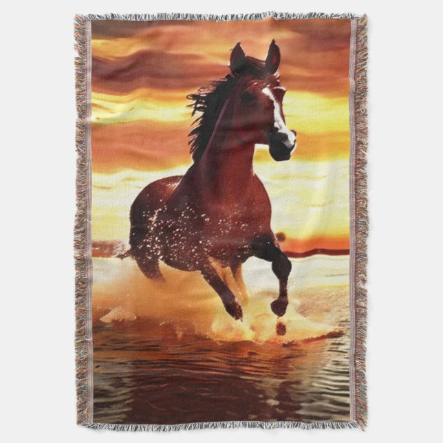 Wild Horse Galloping Through Surf Bordered  Throw Blanket (Front Vertical)