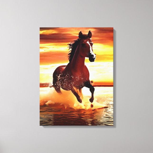 Wild Horse Galloping Through Surf Canvas Print (Front)
