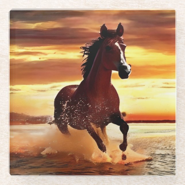 Wild Horse Galloping Through Surf Glass Coaster (Front)
