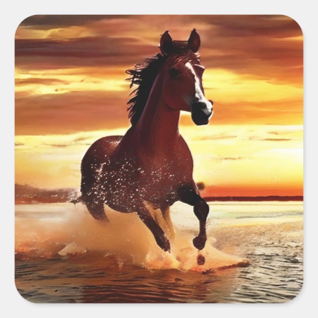 Wild Horse Galloping Through Surf Square Sticker (Front)