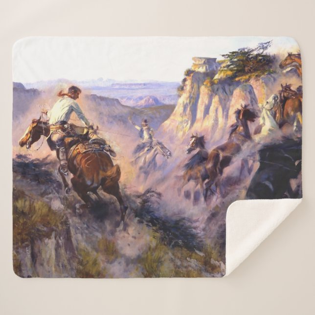 “Wild Horse Hunters” by Charles M Russell Sherpa Blanket (Front (Horizontal))