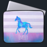 Wild Horse in Blue and Purple Watercolor Laptop Sleeve<br><div class="desc">A personalised laptop sleeve with a pretty watercolor horse in blue and purple colours. Running wild and free. Set on a horizontal purple striped background. A blue and pink watercolor border layered across the bottom.</div>