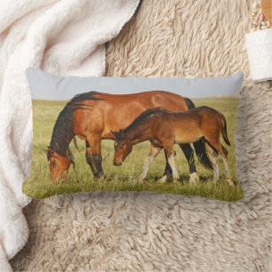 Wild Horse Mother and Colt Grazing Lumbar Cushion