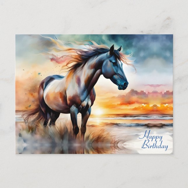 Wild Horse on Grassy Dune at Sunset Birthday Postcard (Front)