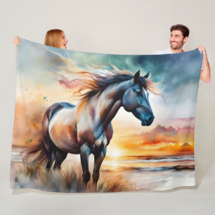 Wild Horse on Grassy Dune at Sunset Fleece Blanket
