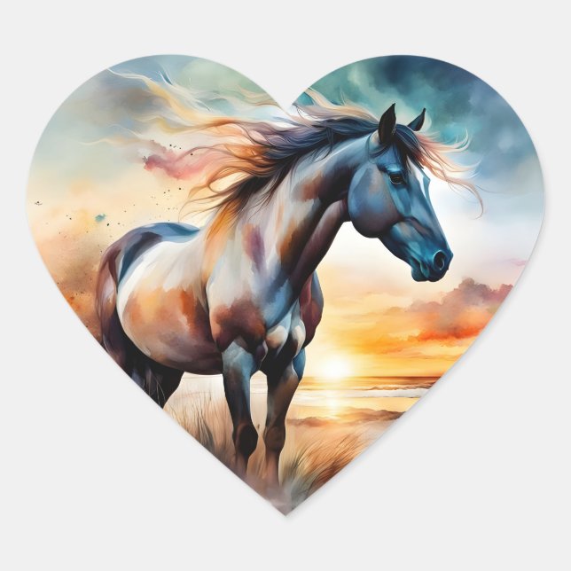 Wild Horse on Grassy Dune at Sunset  Heart Sticker (Front)