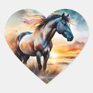 Wild Horse on Grassy Dune at Sunset Heart Sticker