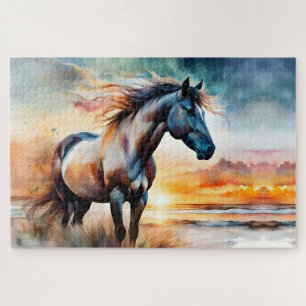 Wild Horse on Grassy Dune at Sunset Jigsaw Puzzle