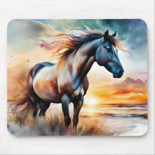Wild Horse on Grassy Dune at Sunset Mouse Mat