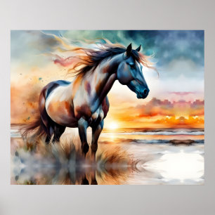Wild Horse on Grassy Dune at Sunset Poster