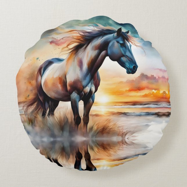 Wild Horse on Grassy Dune at Sunset Round Cushion (Back)