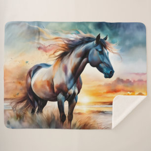 Wild Horse on Grassy Dune at Sunset Sherpa Blanket