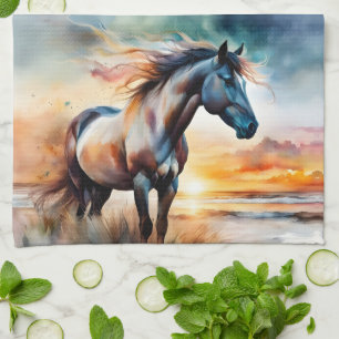 Wild Horse on Grassy Dune at Sunset Tea Towel