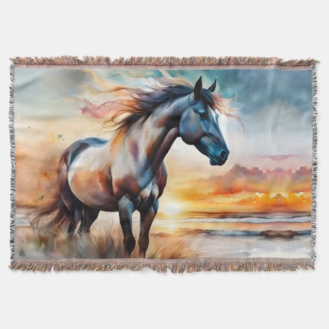 Wild Horse on Grassy Dune at Sunset Throw Blanket (Front)