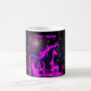 wild horse pink , mustang on black background coffee mug