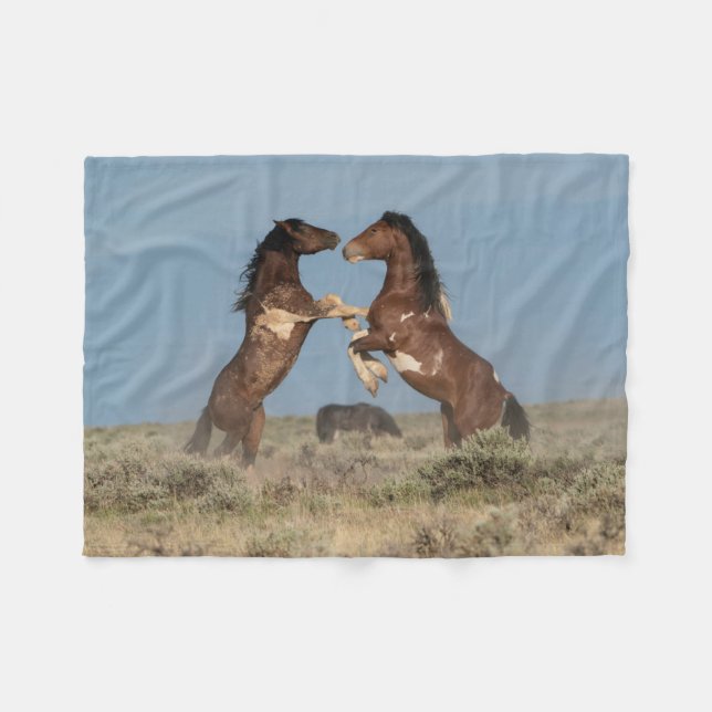 Wild Horse Stallions Fighting Fleece Blanket (Front (Horizontal))