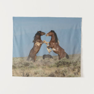 Wild Horse Stallions Fighting Tapestry