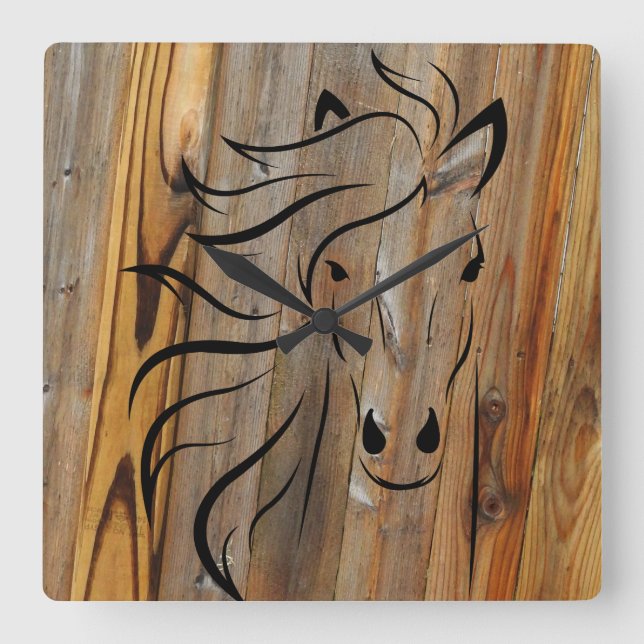 Wild Horse Wood Plank Square Wall Clock (Front)