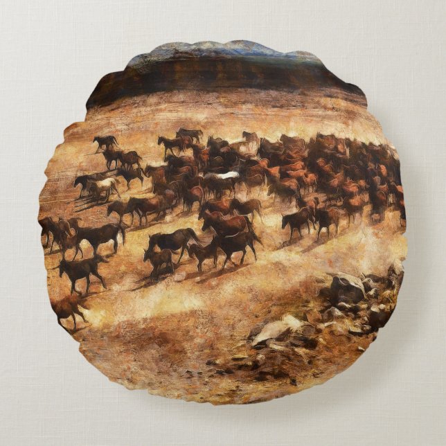 Wild Horses: Artistic Animal Majesty. Round Cushion (Front)