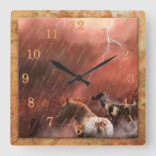 WILD HORSES DESERT STORM SQUARE WALL CLOCK