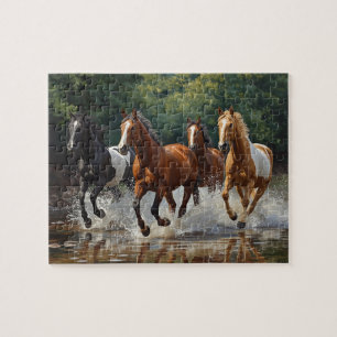 Wild Horses Galloping Water Splash Painting Jigsaw Puzzle