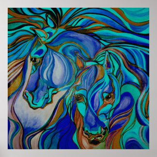 Wild  Horses In Brown and Teal Poster