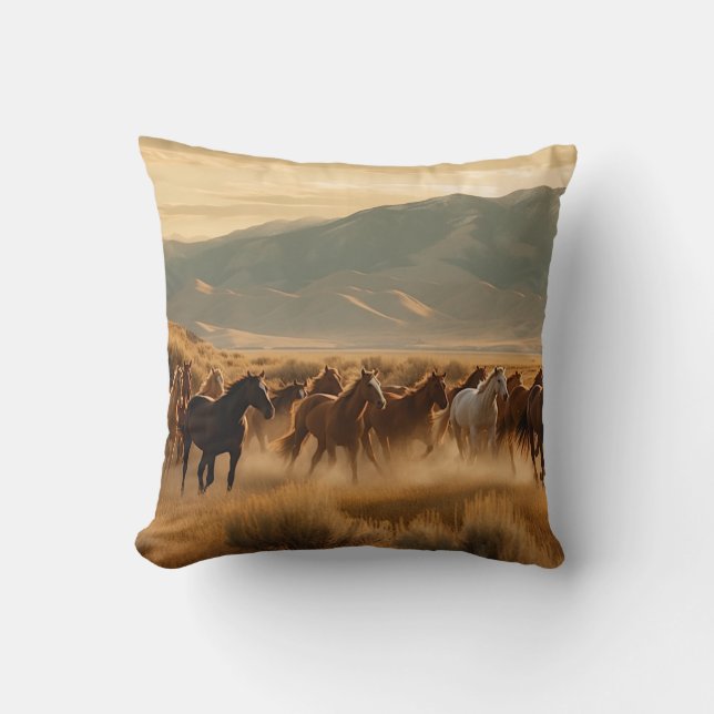 Wild Horses in Golden Field Cushion (Front)