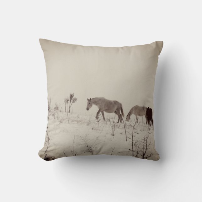 Wild Horses In Snow Throw Cushion (Front)