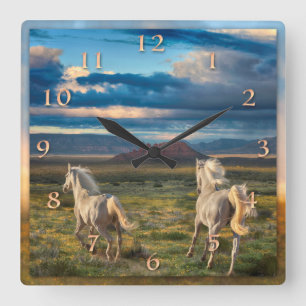 WILD HORSES “Live to Run” Square Wall Clock