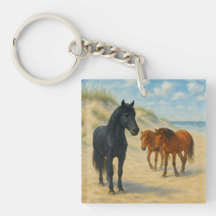 Wild Horses of Corolla North Carolina Watercolor Key Ring