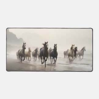 Wild horses on a foggy beach desk mat