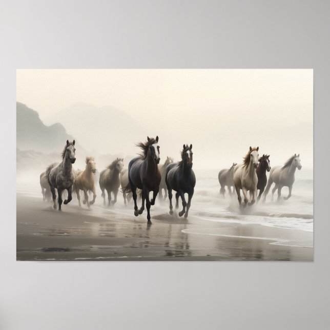 Wild horses on a foggy beach poster (Front)