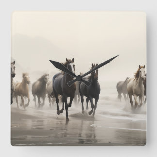Wild horses on a foggy beach square wall clock
