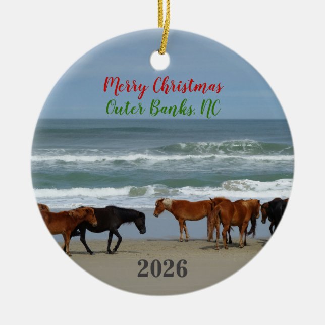 Wild Horses Outer Banks OBX 2026 Christmas Ceramic Tree Decoration (Front)