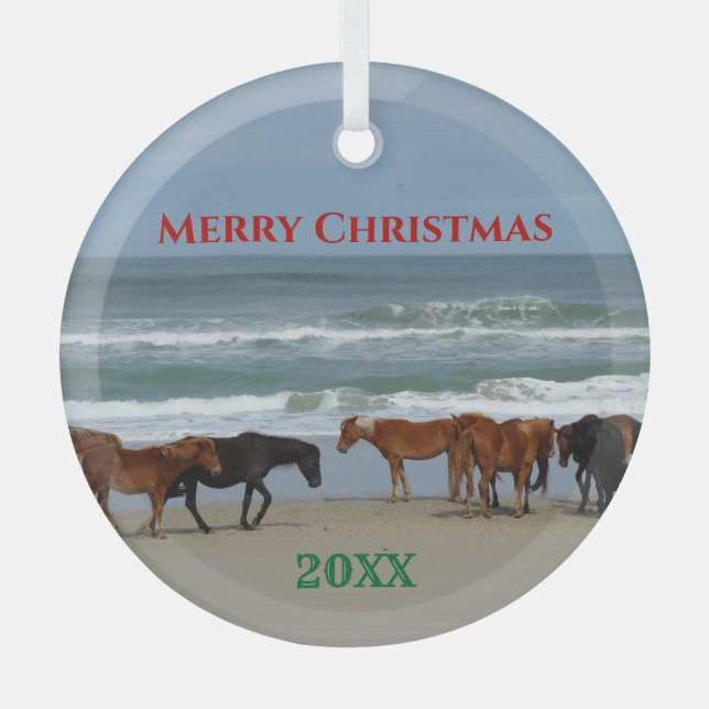 Wild Horses Outer Banks OBX Christmas Glass Tree Decoration (Front)
