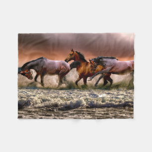 Wild Horses Playing in the Sea print Fleece Blanket