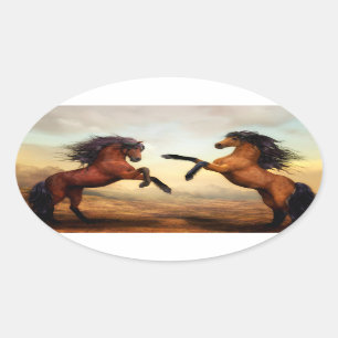 Wild Horses Rearing Oval Sticker