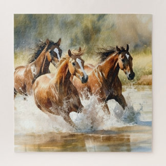 Wild Horses Running Brown Black Watercolor Jigsaw Puzzle