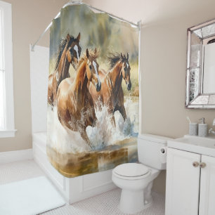 Wild Horses Running Brown Black Watercolor  Shower Curtain