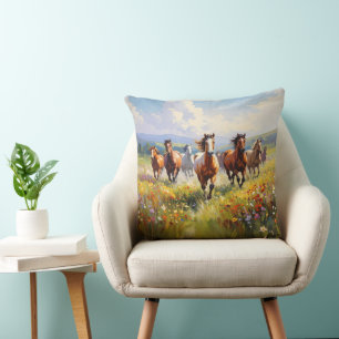 Wild Horses Running in a Wildflower Meadow Cushion