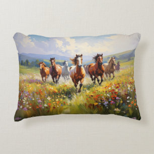 Wild Horses Running in a Wildflower Meadow Decorative Cushion