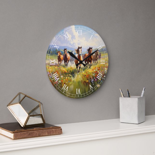 Wild Horses Running in a Wildflower Meadow Large Clock (Office)