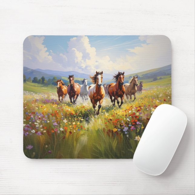 Wild Horses Running in a Wildflower Meadow Mouse Mat (With Mouse)