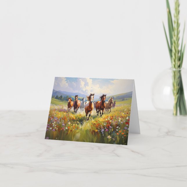 Wild Horses Running in a Wildflower Meadow Note Card (Front)
