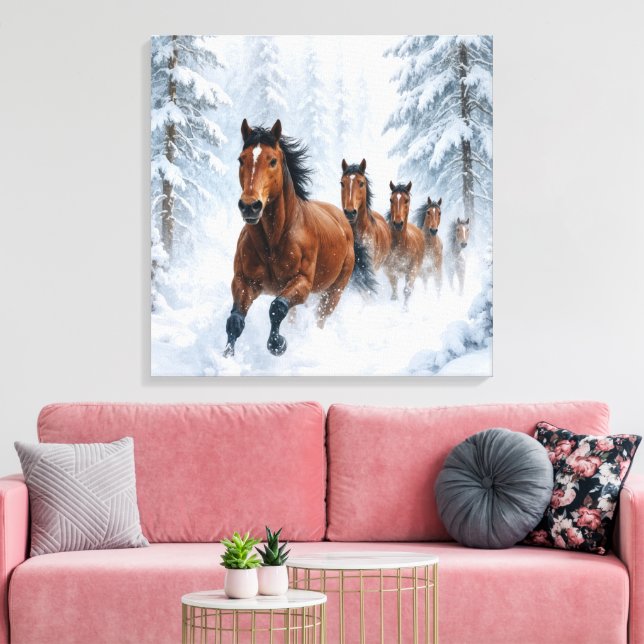 Wild Horses Running Through a Snowy Forest Canvas Print (Insitu(LivingRoom))
