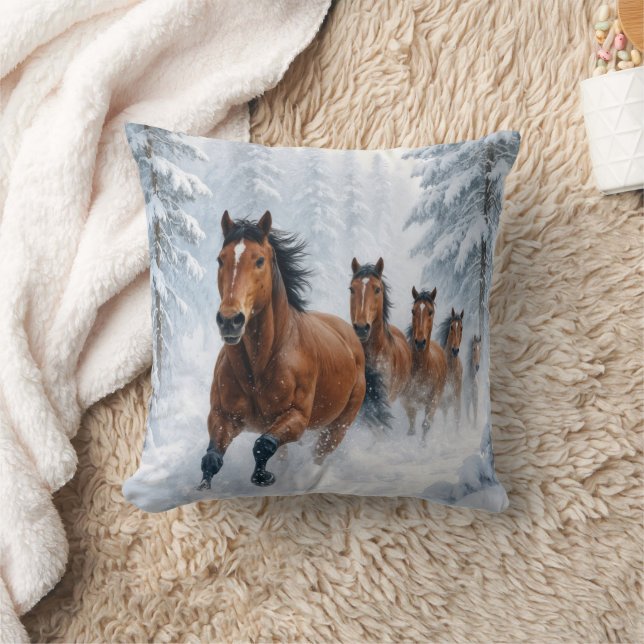 Wild Horses Running Through a Snowy Forest Cushion (Blanket)