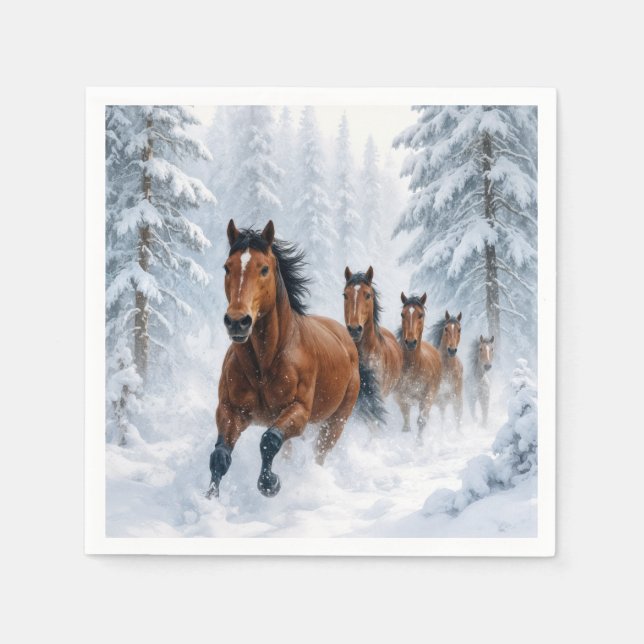 Wild Horses Running Through a Snowy Forest Napkin (Front)