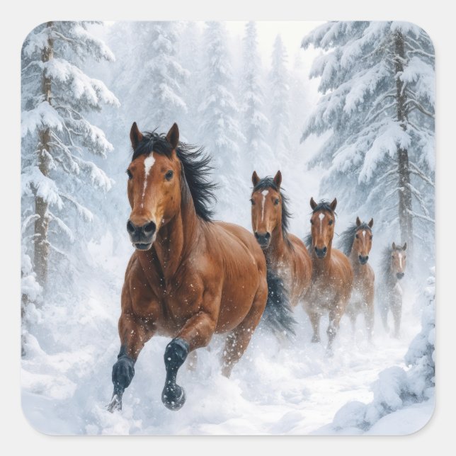 Wild Horses Running Through a Snowy Forest Square Sticker (Front)