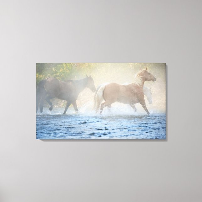 Wild horses running through water canvas print (Front)