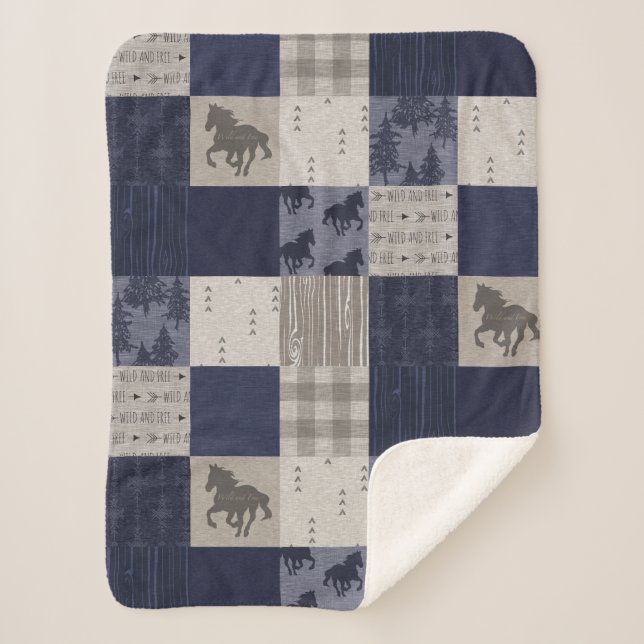 Wild Horses Sherpa Blanket - Navy/Beige (Front)